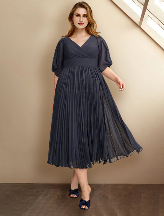 A-Line Mother of the Bride Dresses Plus Size Hide Belly Curve Elegant Dress Formal Tea Length Short Sleeve V Neck Chiffon