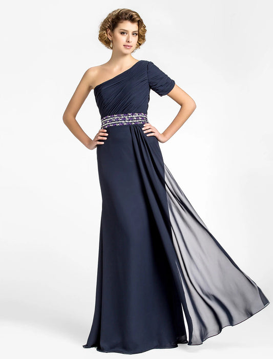 Sheath / Column Mother of the Bride Dress Sparkle & Shine One Shoulder Floor Length Chiffon Short Sleeve with Beading Draping Side