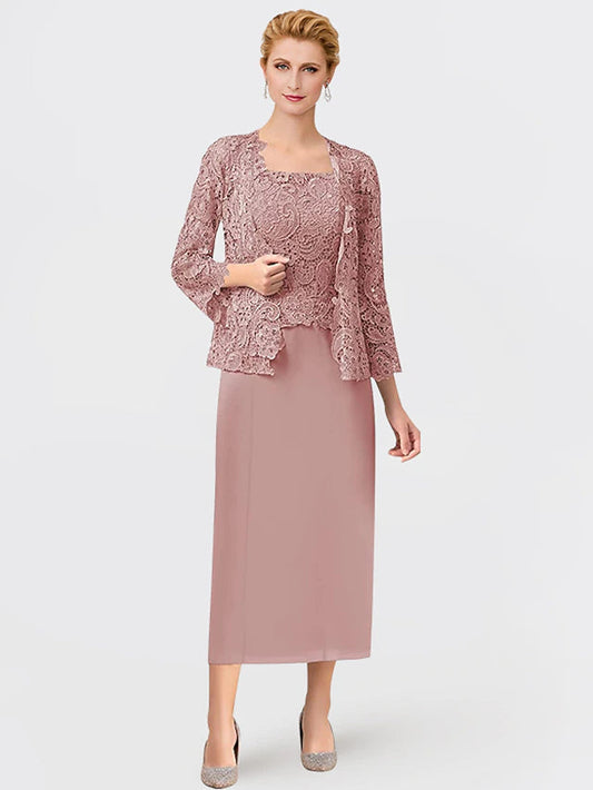 Two Piece Mother of the Bride Dress Formal Wedding Guest Elegant Square Neck Ankle Length Chiffon Lace Sleeveless Wrap Included