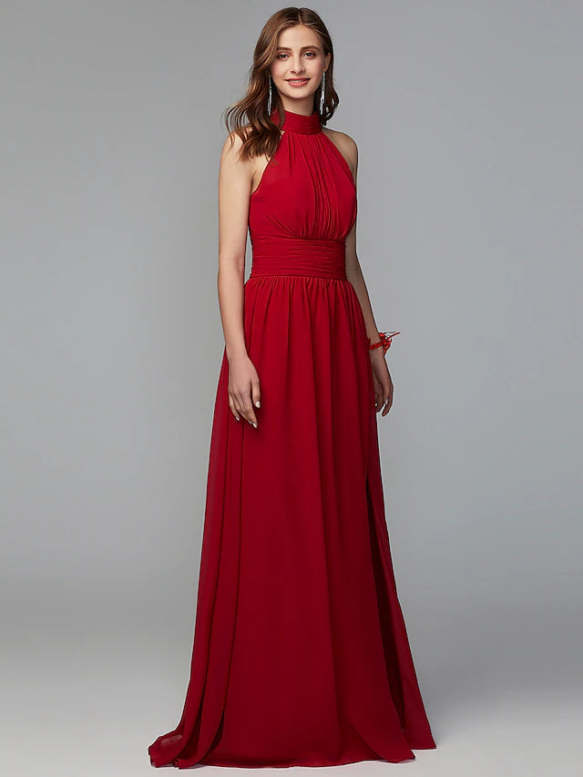 A-Line Bridesmaid Dress High Neck Sleeveless Furcal Floor Length Chiffon with Pleats / Split