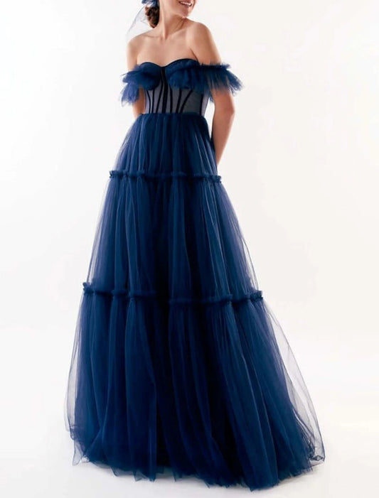 A-Line Prom Dresses Elegant Dress Wedding Guest Floor Length Short Sleeve Off Shoulder Tulle with Pleats