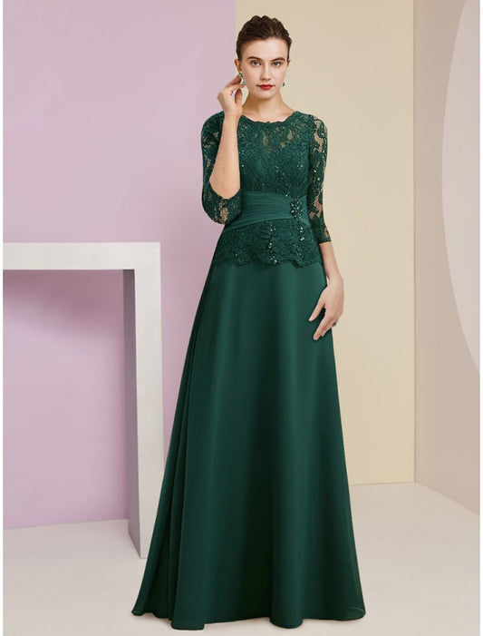 A-Line Mother of the Bride Dress Wedding Guest Elegant Scoop Neck Floor Length Stretch Chiffon 3/4 Length Sleeve with Lace