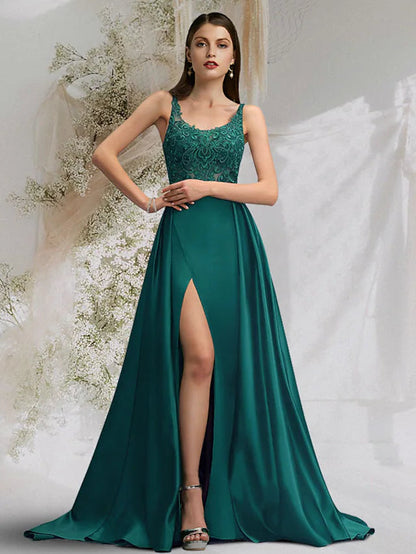 A-Line Prom Dresses Maxi Dress Engagement Court Train Sleeveless Scoop Neck Charmeuse with Slit Overskirt Lace
