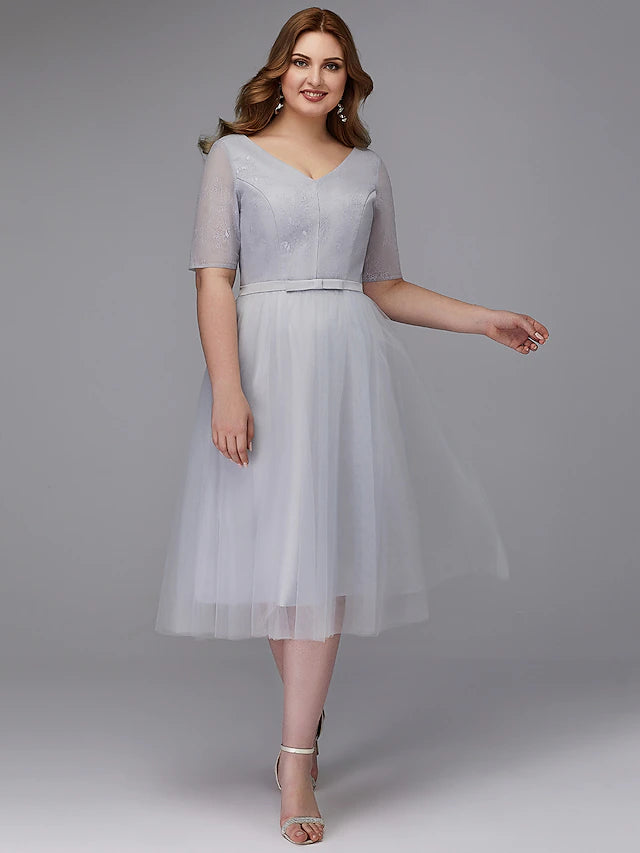 A-Line Elegant Dress Wedding Guest Tea Length Short Sleeve V Neck Lace Lace-up with Sash