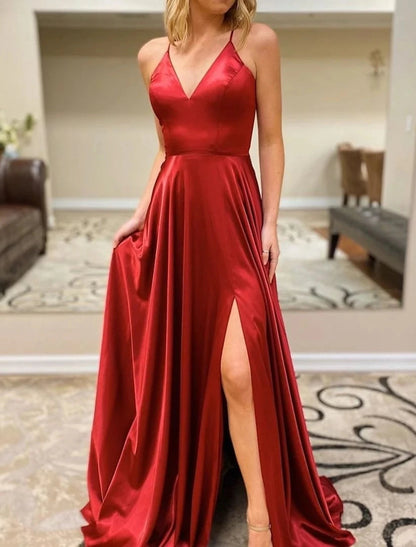 A-Line Prom Dresses Sexy Dress Formal Sweep / Brush Train Sleeveless V Neck Imitation Silk Backless