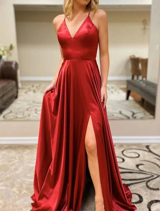 A-Line Prom Dresses Open Back Dress Formal Wedding Guest Sweep / Brush Train Sleeveless V Neck Imitation Silk Backless