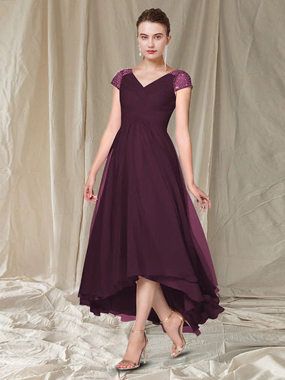 A-Line Mother of the Bride Dress Elegant High Low V Neck Asymmetrical Ankle Length Chiffon Cap Sleeve with Pleats Beading