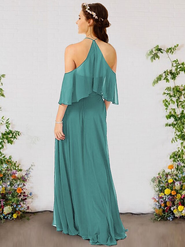 A-Line Bridesmaid Dress Halter Neck Sleeveless Elegant Floor Length Chiffon Pure Color