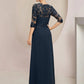 A-Line Mother of the Bride Dress Formal Wedding Guest Elegant Jewel Neck Floor Length Chiffon Lace Sequined Half Sleeve with Sequin