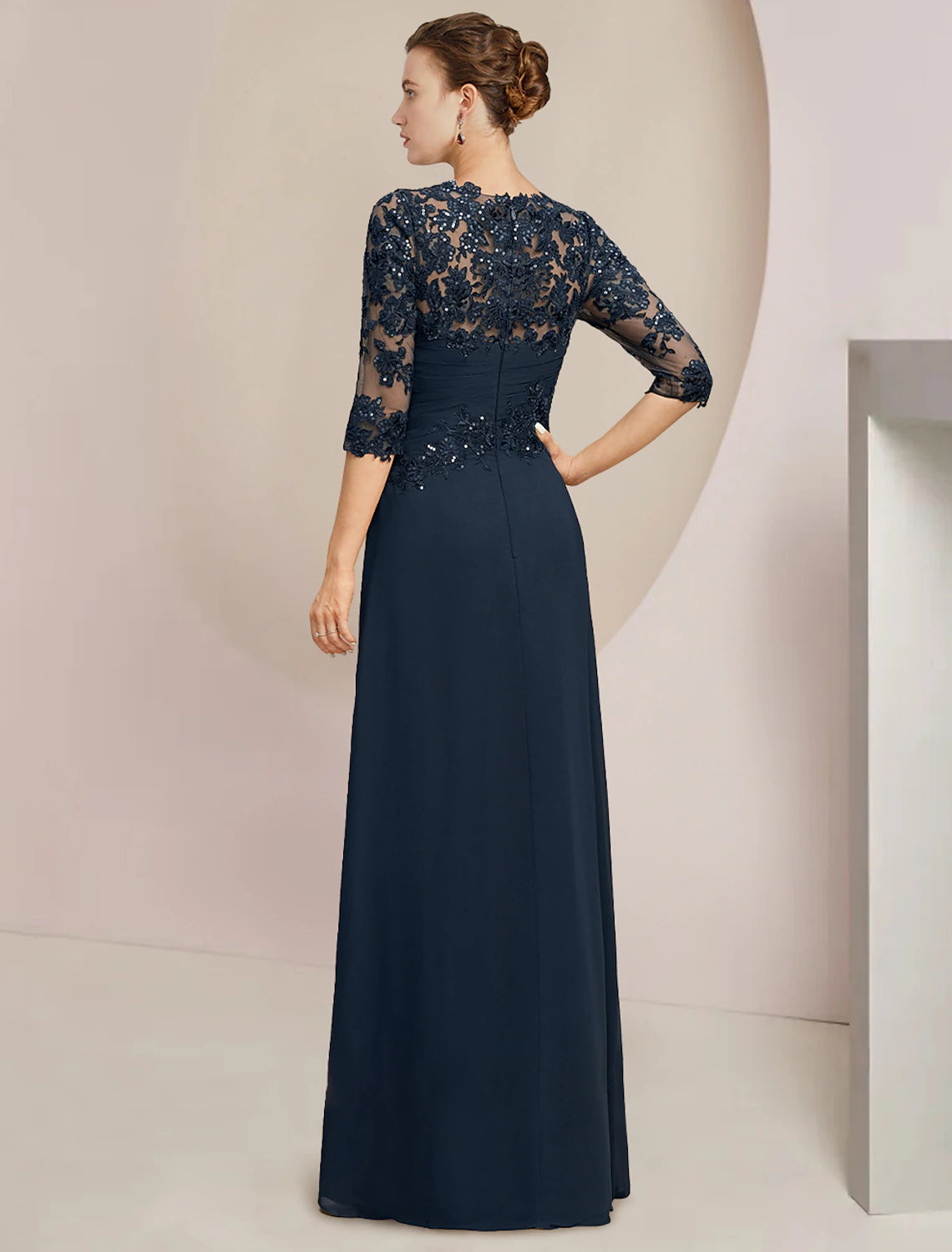 A-Line Mother of the Bride Dress Formal Wedding Guest Elegant Jewel Neck Floor Length Chiffon Lace Sequined Half Sleeve with Sequin