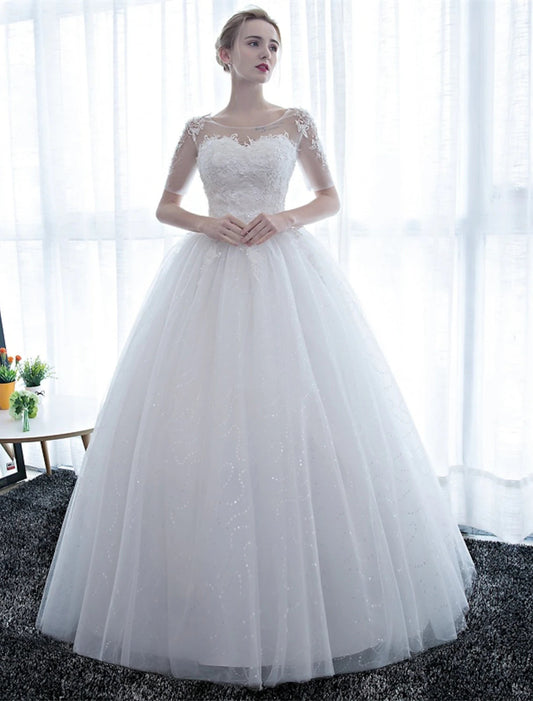 Reception Formal Wedding Dresses Ball Gown Illusion Neck Half Sleeve Floor Length Satin Bridal Gowns