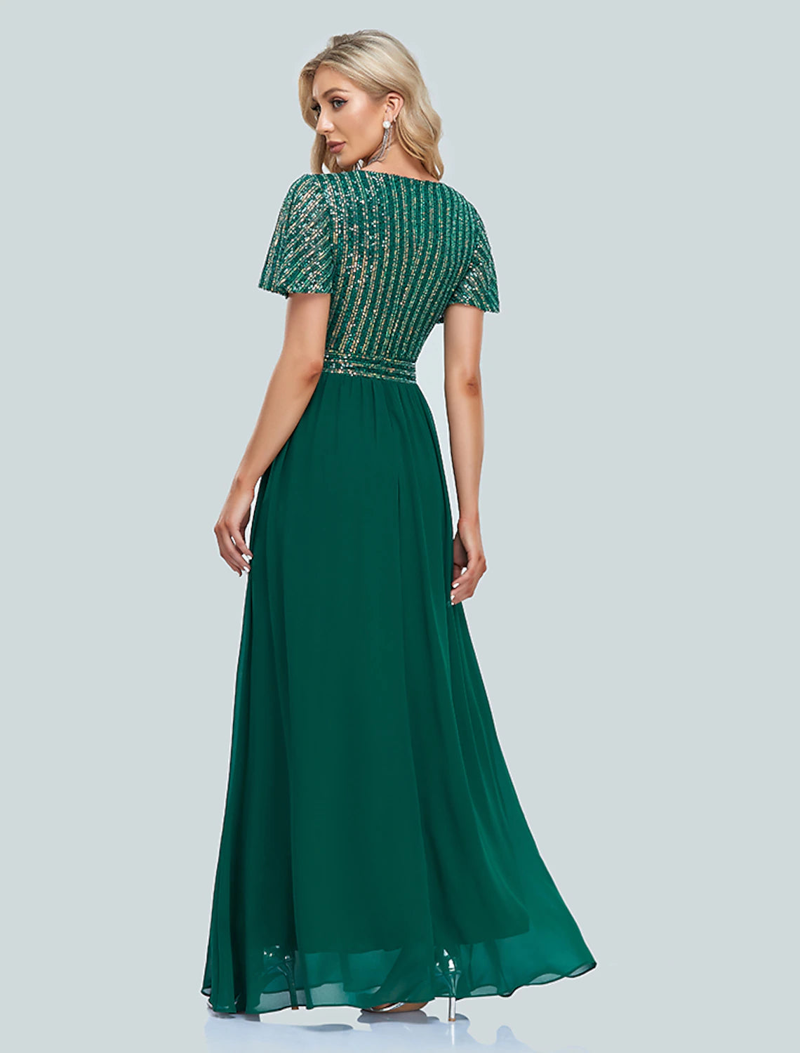 A-Line Mermaid / Trumpet Evening Gown Elegant Dress Christmas Floor Length Short Sleeve V Neck Sequined