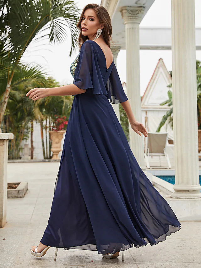 A-Line Wedding Guest Dresses Sparkle & Shine Dress Party Wear Floor Length Half Sleeve V Neck Chiffon with Crystals