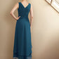 A-Line Mother of the Bride Dress Elegant High Low V Neck Asymmetrical Tea Length Chiffon Sleeveless Wrap Included with Beading Cascading Ruffles