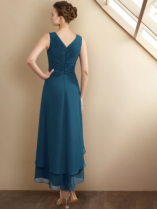 A-Line Mother of the Bride Dress Elegant High Low V Neck Asymmetrical Tea Length Chiffon Sleeveless Wrap Included with Beading Cascading Ruffles