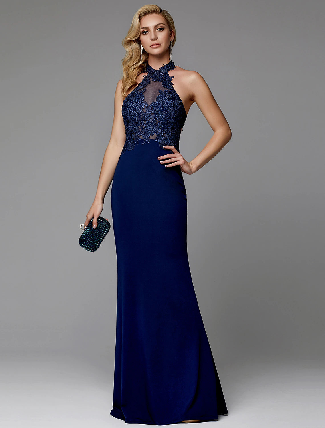 Sheath / Column Evening Gown Cut Out Dress Wedding Guest Floor Length Sleeveless Halter Neck Spandex Crisscross Back