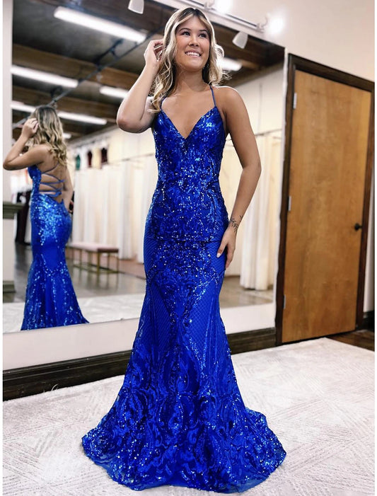 Mermaid / Trumpet Prom Dresses Sparkle & Shine Dress Formal Wedding Party Sweep / Brush Train Sleeveless V Neck Sequined Backless