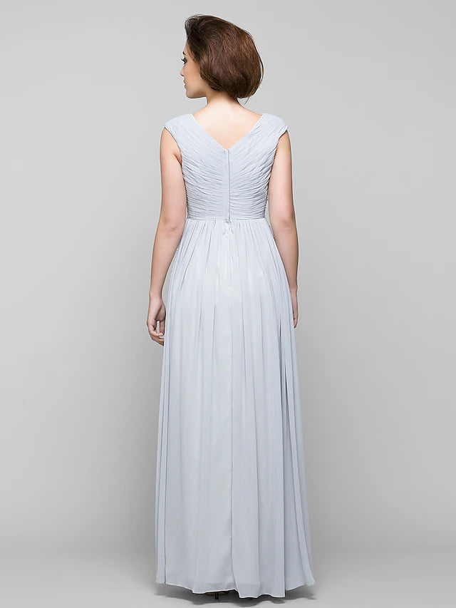 A-Line Mother of the Bride Dress Elegant V Neck Floor Length Chiffon Sleeveless with Criss Cross