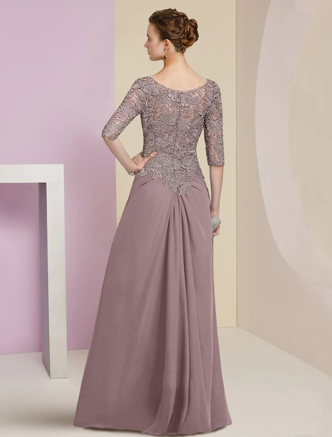 Sheath / Column Mother of the Bride Dress Formal Wedding Guest Elegant Scoop Neck Floor Length Chiffon Lace Half Sleeve