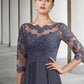 A-Line Mother of the Bride Dress Plus Size Elegant Jewel Neck Ankle Length Chiffon Lace Half Sleeve with Ruched Ruffles