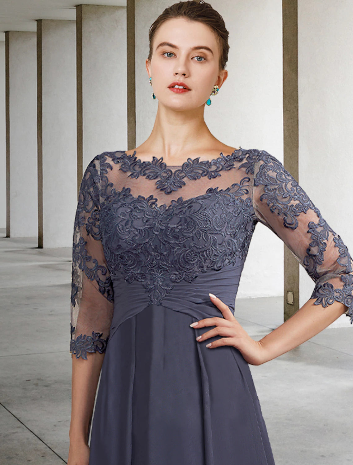 A-Line Mother of the Bride Dress Plus Size Elegant Jewel Neck Ankle Length Chiffon Lace Half Sleeve with Ruched Ruffles