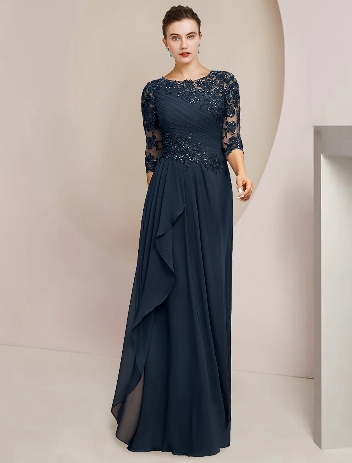 A-Line Mother of the Bride Dress Formal Wedding Guest Elegant Jewel Neck Floor Length Chiffon Lace Sequined Half Sleeve with Sequin