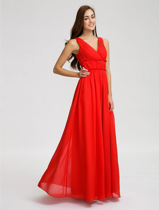 A-Line Bridesmaid Dress V Neck Sleeveless Open Back Floor Length Chiffon with Criss Cross / Draping