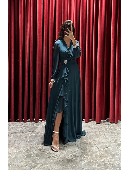 A-Line Evening Gown High Split Dress Formal Fall Sweep / Brush Train Long Sleeve V Neck Stretch Fabric with Pleats Crystals