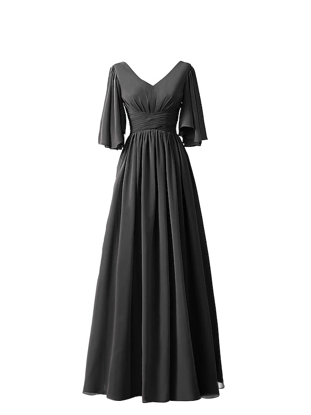 A-Line Bridesmaid Dress V Neck Half Sleeve Elegant Floor Length Chiffon with Pleats