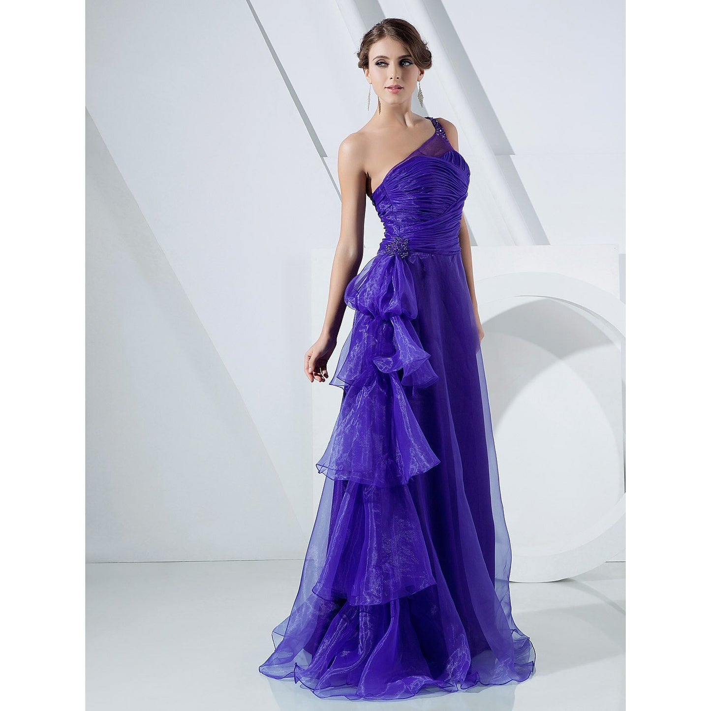 A-Line Elegant Dress Formal Evening Floor Length Sleeveless One Shoulder Organza with Side Draping Cascading