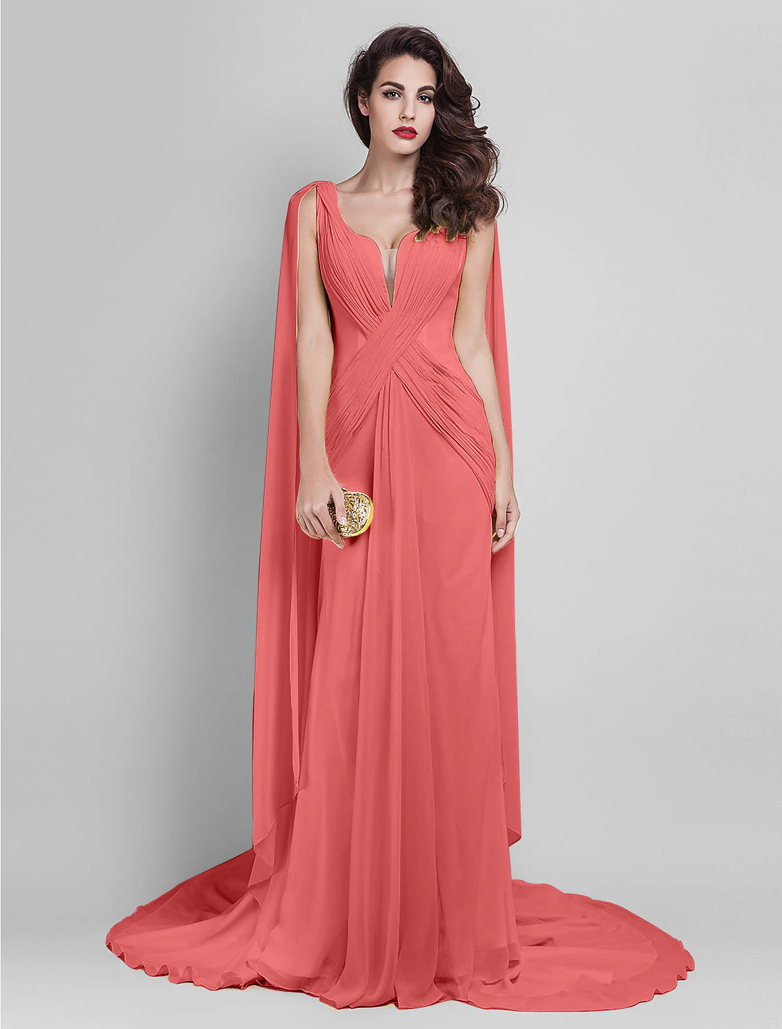 Sheath / Column Elegant Dress Wedding Guest Prom Court Train Sleeveless Plunging Neck Georgette V Back with Criss Cross Side