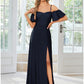 A-Line Wedding Guest Dresses Elegant Dress Formal Floor Length Short Sleeve Off Shoulder Stretch Fabric with Slit