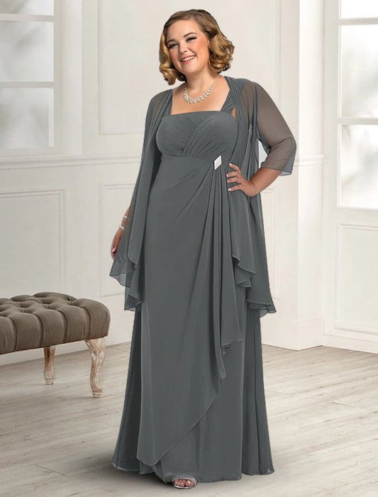 Two Piece A-Line Mother of the Bride Dress Fall Wedding Guest Dresses Plus Size Elegant Square Neck Floor Length Chiffon Sleeveless Jacket Dresses