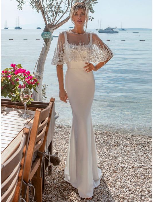 Beach Open Back Casual Wedding Dresses Mermaid / Trumpet Square Neck Sleeveless Sweep / Brush Train Satin Bridal Gowns With Buttons