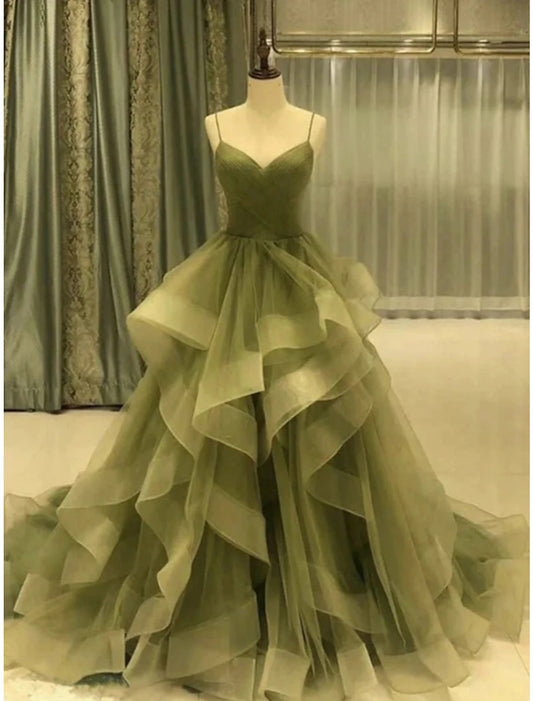 A-Line Prom Dresses Elegant Dress Formal Court Train Christmas Red Green Dress Sleeveless Spaghetti Strap Tulle with Pleats