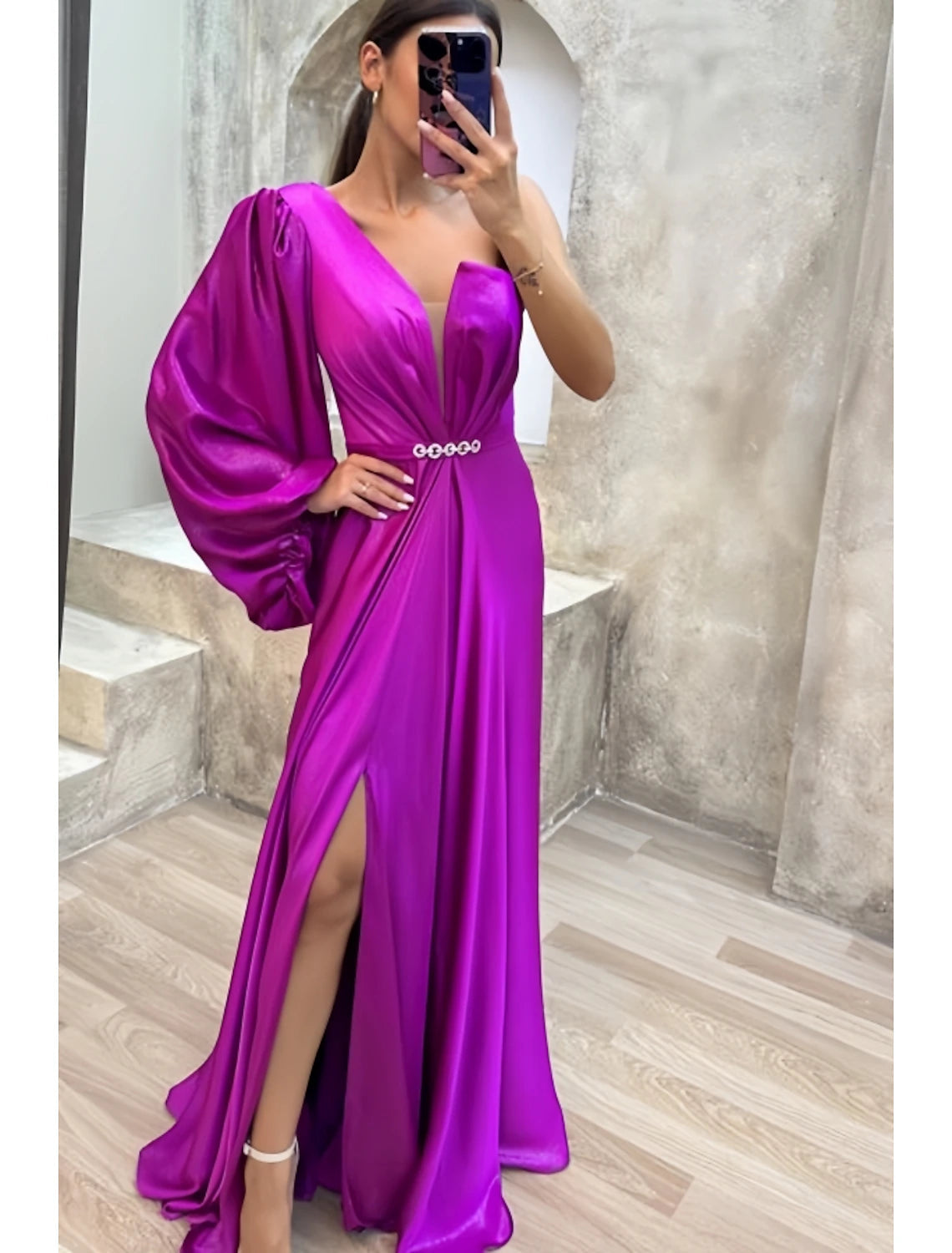 A-Line Evening Gown High Split Dress Formal Fall Sweep / Brush Train Long Sleeve One Shoulder Satin with Pleats Crystals