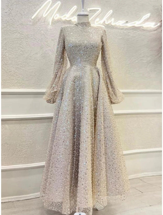 A-Line Evening Gown Elegant Dress Formal Ankle Length Long Sleeve High Neck Sequined with Glitter