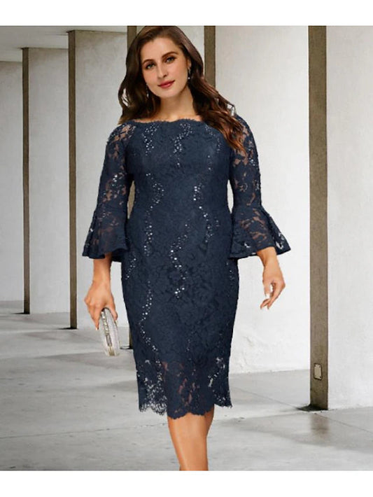 A-Line Plus Size Curve Mother of the Bride Dresses Vintage Dress Formal Tea Length 3/4 Length Sleeve Jewel Neck Lace with Sequin