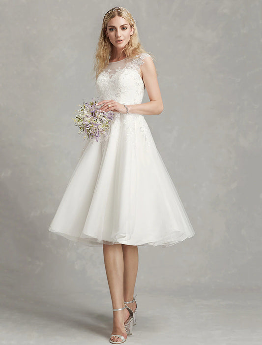 Reception Little White Dresses Wedding Dresses A-Line Illusion Neck Cap Sleeve Knee Length Lace Bridal Gowns
