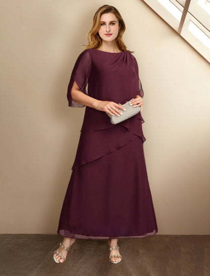 A-Line Mother of the Bride Dresses Plus Size Hide Belly Curve Elegant Dress Formal Ankle Length Half Sleeve Jewel Neck Chiffon