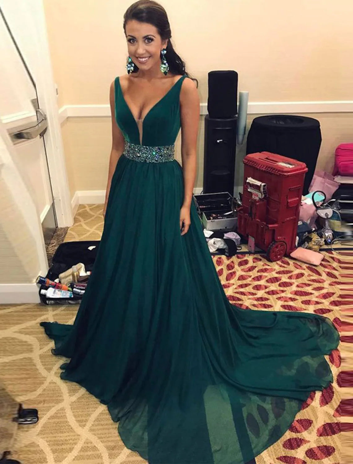 A-Line Minimalist Elegant Party Wear Formal Evening Dress V Neck Sleeveless Floor Length Tulle with Sash