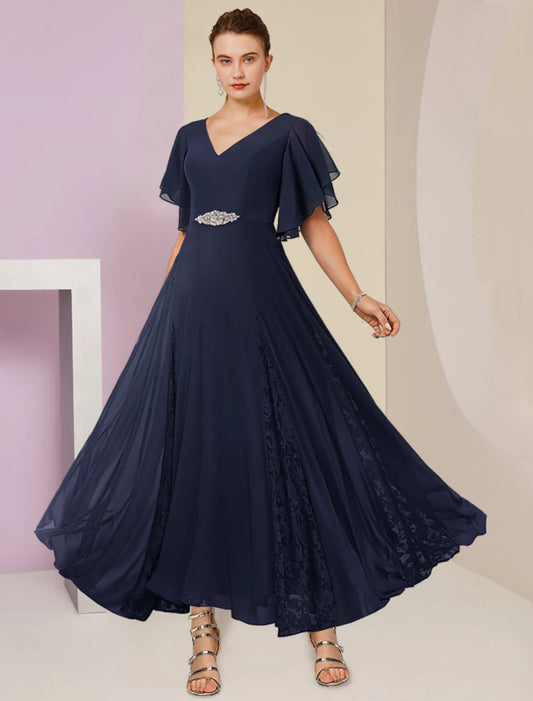 A-Line Mother of the Bride Dress Formal Wedding Guest Elegant V Neck Ankle Length Chiffon Lace Short Sleeve with Pleats Crystal