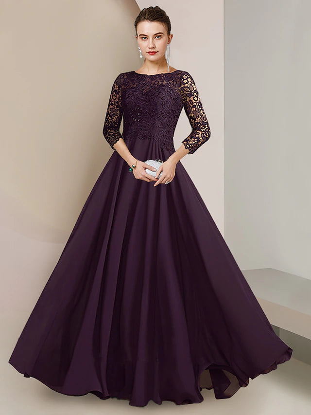 A-Line Mother of the Bride Dress Formal Elegant Scoop Neck Floor Length Chiffon Lace 3/4 Length Sleeve with Pleats