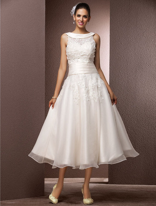 Hall Wedding Dresses Tea Length A-Line Sleeveless Illusion Neck Lace With Pearl