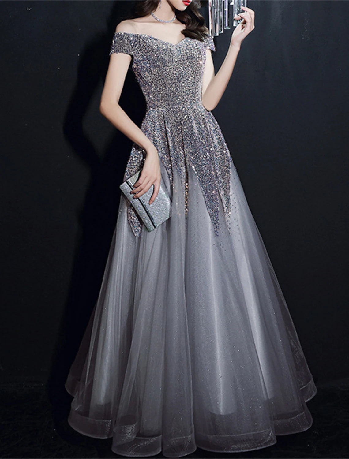 A-Line Prom Dresses Elegant Dress Formal Floor Length Short Sleeve Off Shoulder Polyester