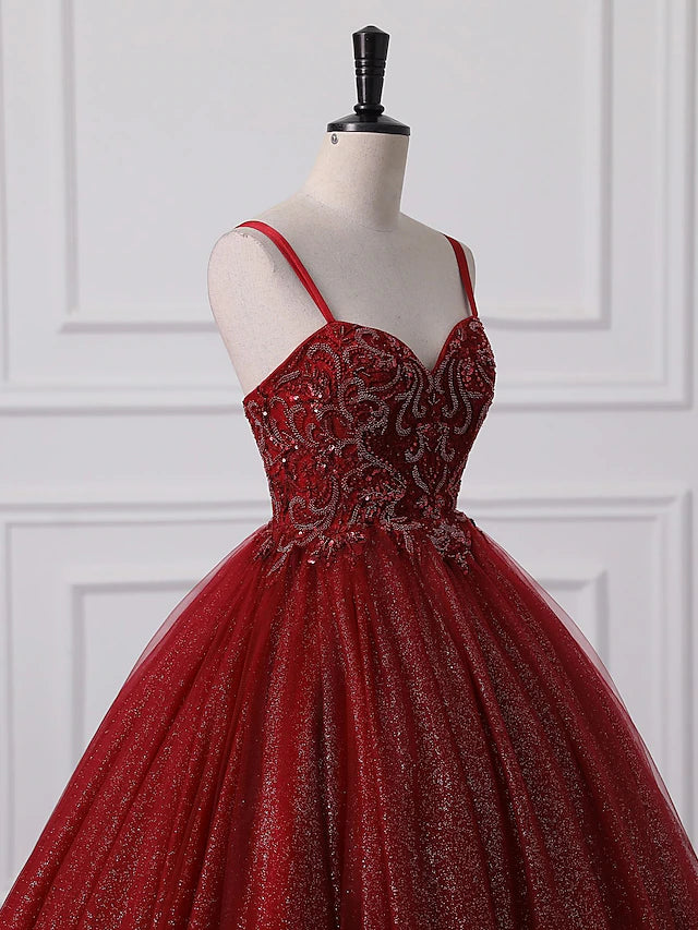 Ball Gown Prom Dresses Princess Dress Graduation Floor Length Sleeveless Spaghetti Strap Lace with Beading