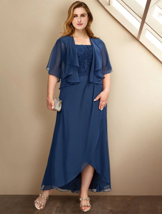 Two Piece A-Line Mother of the Bride Dresses Plus Size Hide Belly Curve Elegant Dress Formal Asymmetrical Half Sleeve Square Neck Chiffon with Pleats