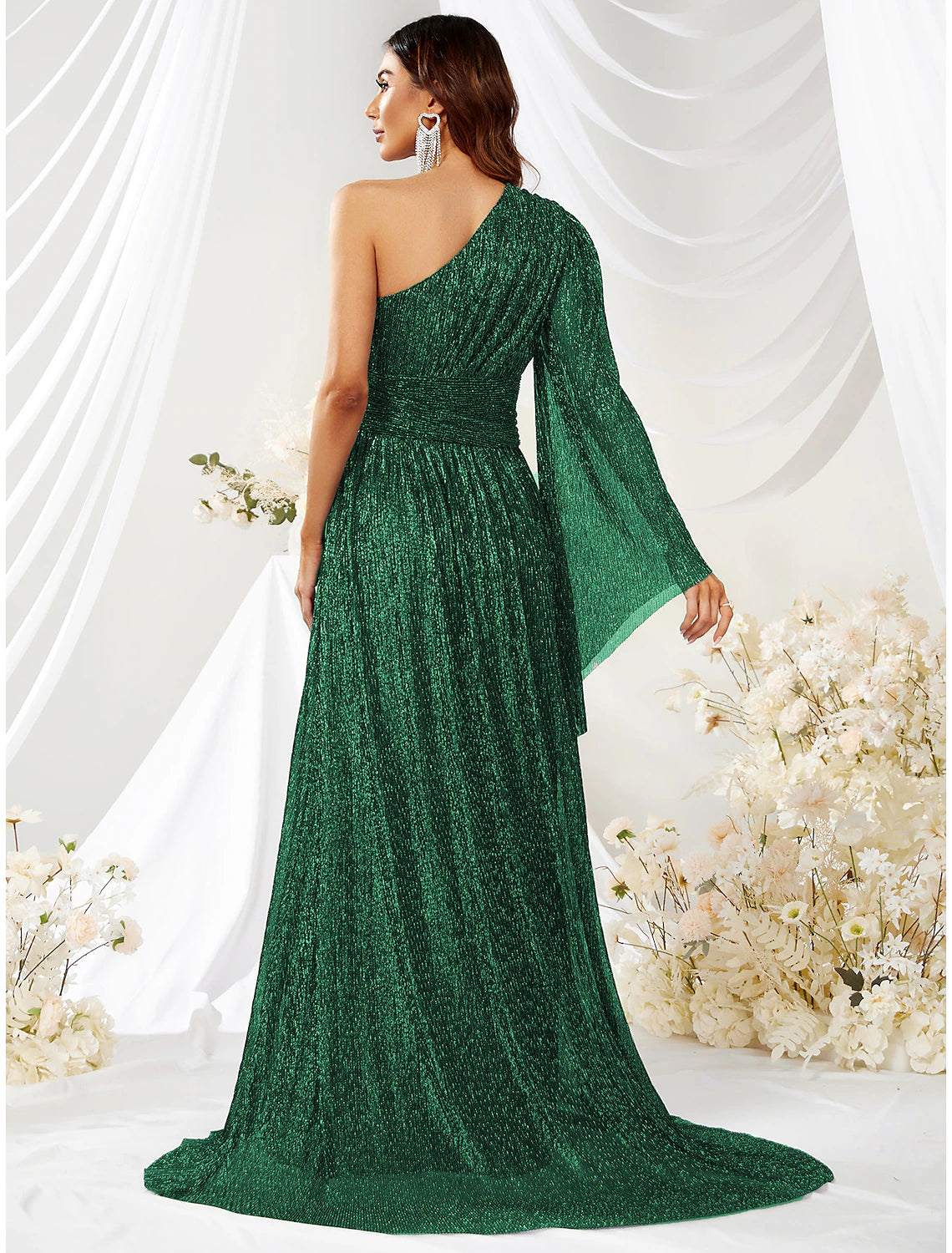 A-Line Wedding Guest Dresses Sparkle & Shine Dress Formal Evening Party Sweep / Brush Train Long Sleeve One Shoulder Polyester with Glitter