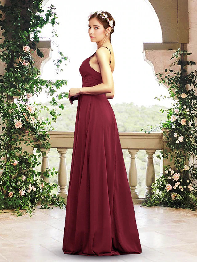 A-Line Bridesmaid Dress V Neck / Spaghetti Strap Sleeveless Elegant Floor Length Chiffon