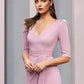 Sheath / Column Mother of the Bride Dress Wedding Guest Elegant Open Back V Neck Tea Length Stretch Fabric Half Sleeve with Ruching